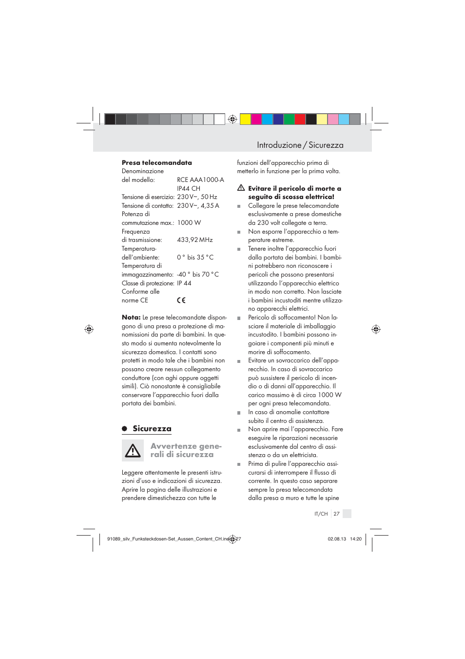 Introduzione / sicurezza, Sicurezza avvertenze gene- rali di sicurezza | Silvercrest WIRELESS SOCKET SET User Manual | Page 27 / 45