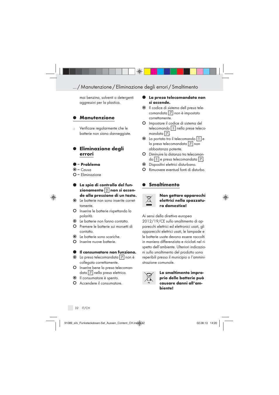 Manutenzione, Eliminazione degli errori, Smaltimento | Silvercrest WIRELESS SOCKET SET User Manual | Page 32 / 45