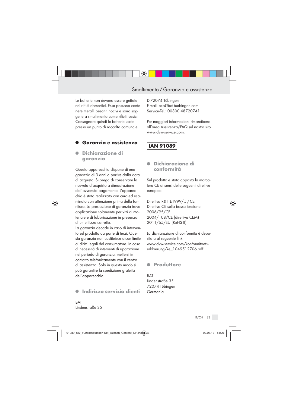 Smaltimento / garanzia e assistenza, Garanzia e assistenza dichiarazione di garanzia, Indirizzo servizio clienti | Produttore | Silvercrest WIRELESS SOCKET SET User Manual | Page 33 / 45