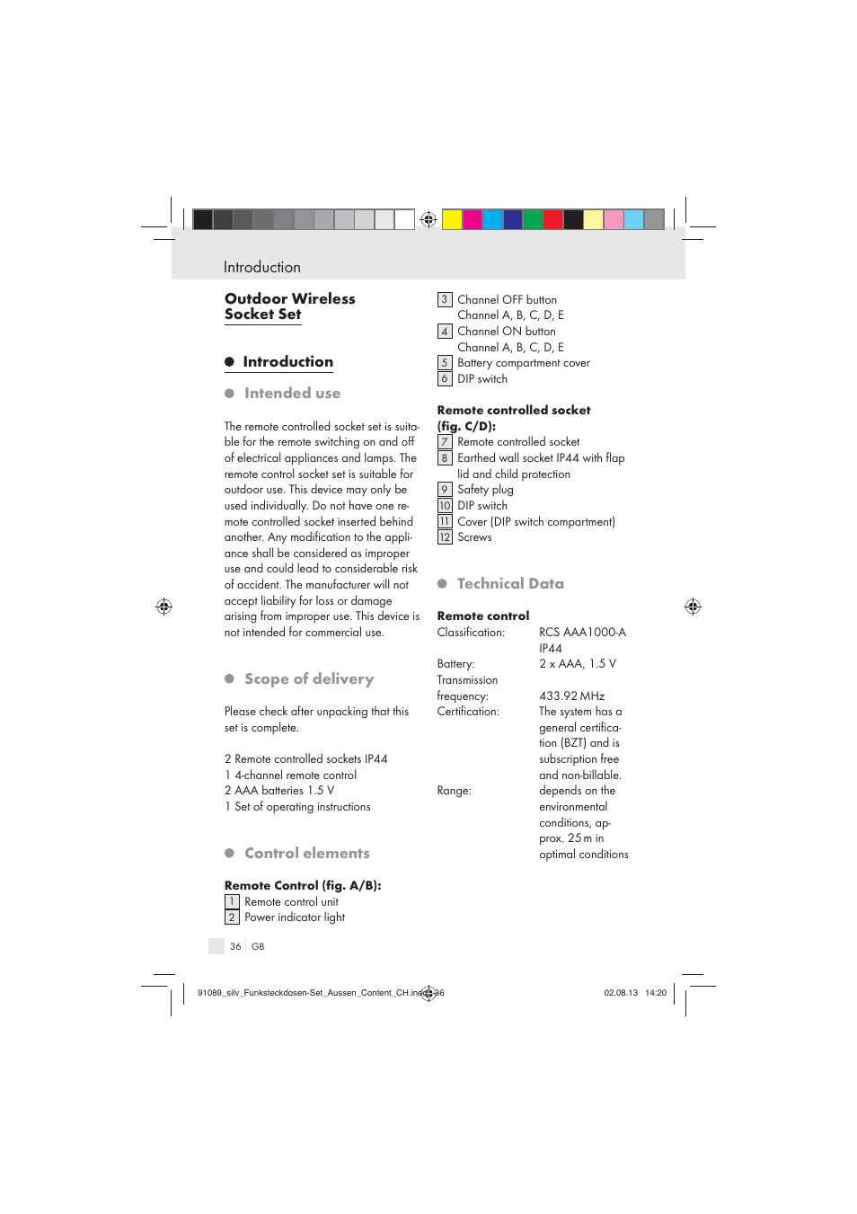 Introduction, Scope of delivery, Control elements | Technical data | Silvercrest WIRELESS SOCKET SET User Manual | Page 36 / 45