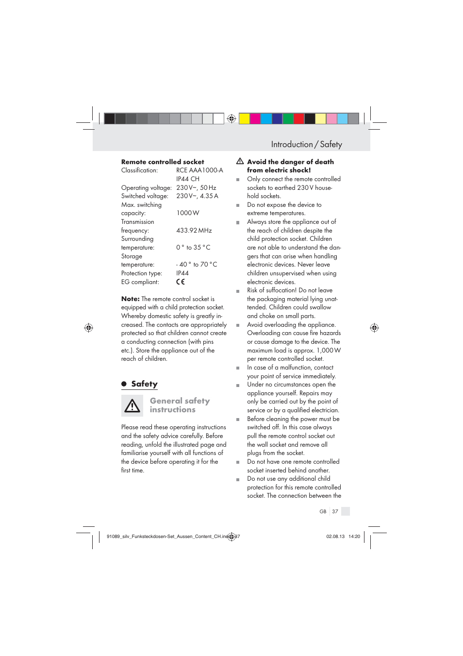 Introduction / safety, Safety general safety instructions | Silvercrest WIRELESS SOCKET SET User Manual | Page 37 / 45