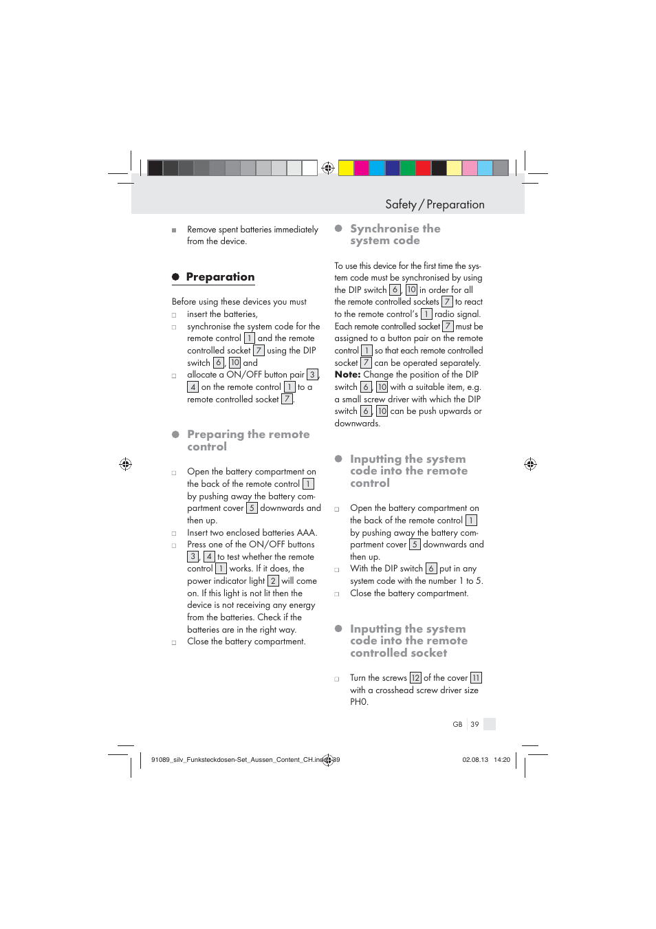 Safety / preparation, Preparation, Preparing the remote control | Synchronise the system code, Inputting the system code into the remote control | Silvercrest WIRELESS SOCKET SET User Manual | Page 39 / 45