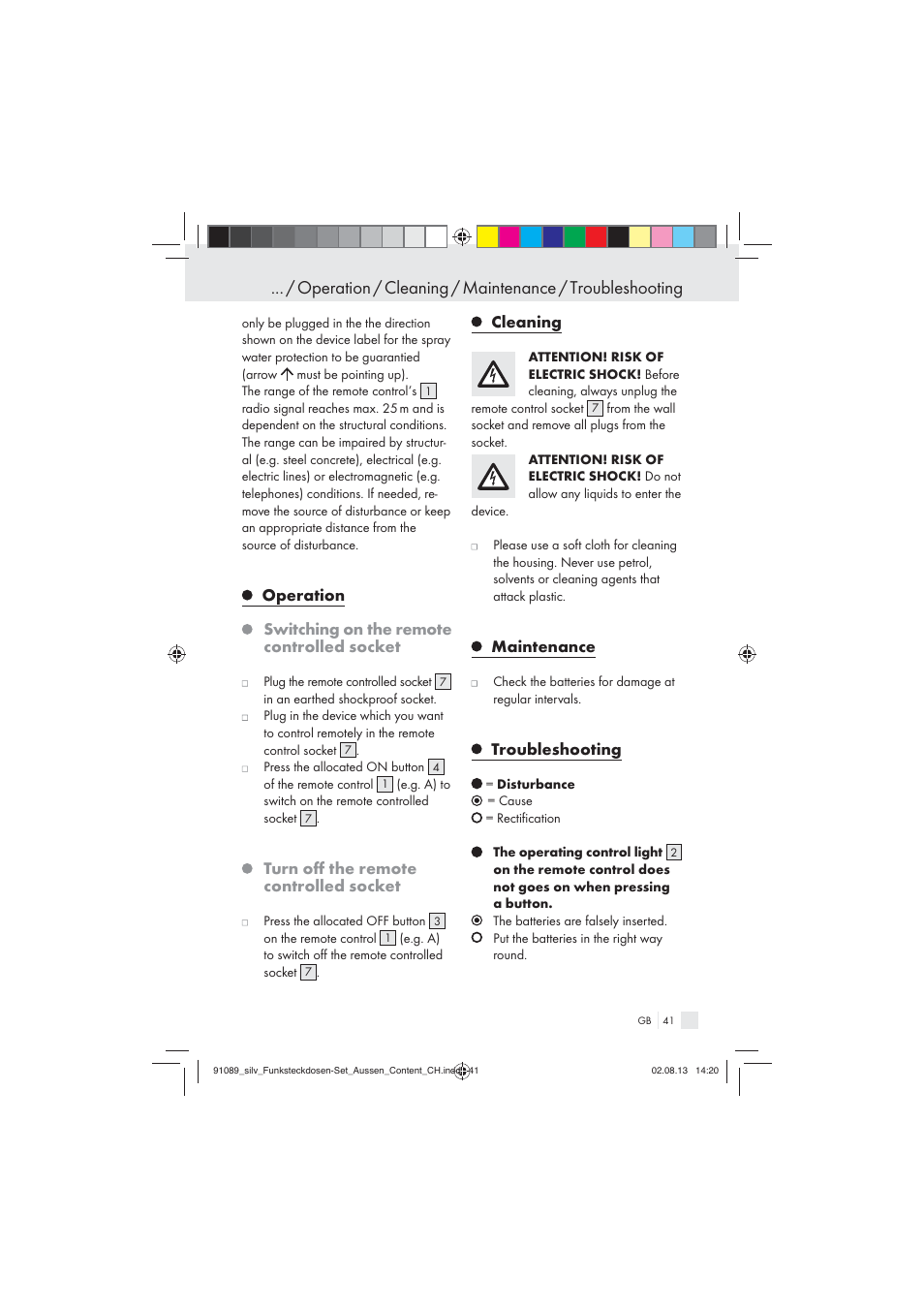 Turn oﬀ the remote controlled socket, Cleaning, Maintenance | Troubleshooting | Silvercrest WIRELESS SOCKET SET User Manual | Page 41 / 45