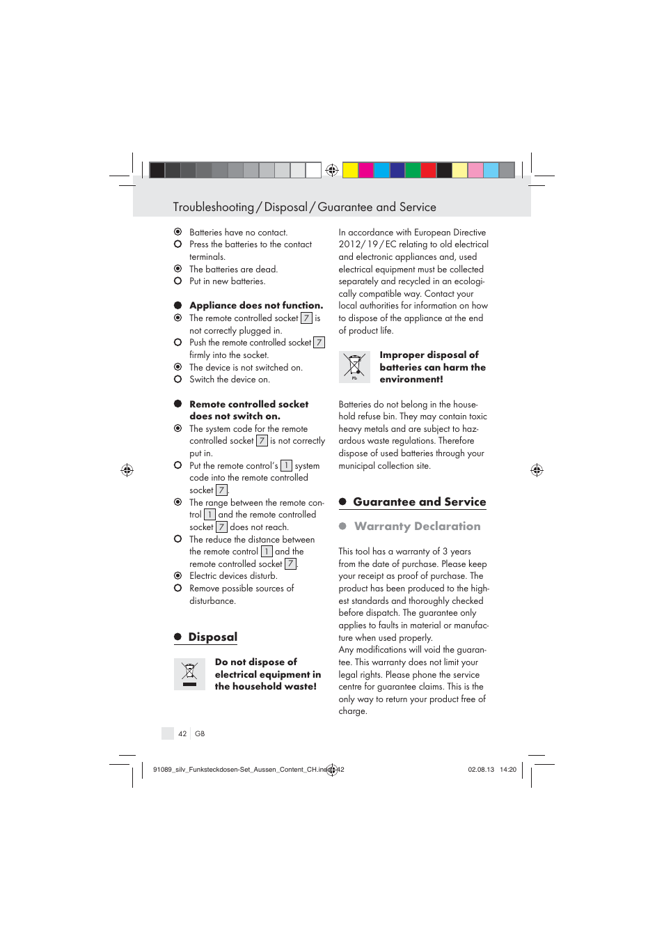 Troubleshooting / disposal / guarantee and service, Disposal, Guarantee and service warranty declaration | Silvercrest WIRELESS SOCKET SET User Manual | Page 42 / 45