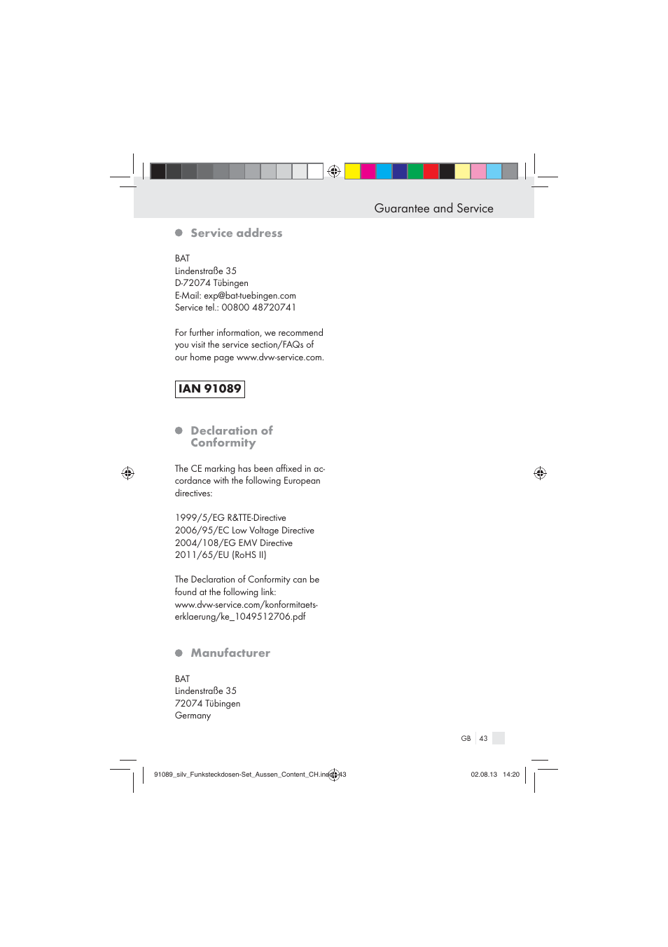 Guarantee and service, Service address, Manufacturer | Silvercrest WIRELESS SOCKET SET User Manual | Page 43 / 45