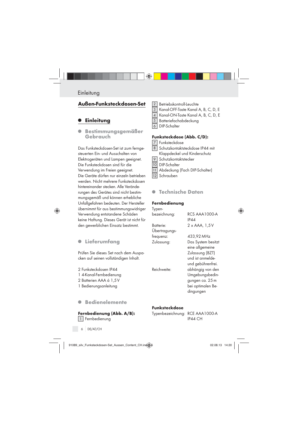 Einleitung, Lieferumfang, Bedienelemente | Technische daten | Silvercrest WIRELESS SOCKET SET User Manual | Page 6 / 45