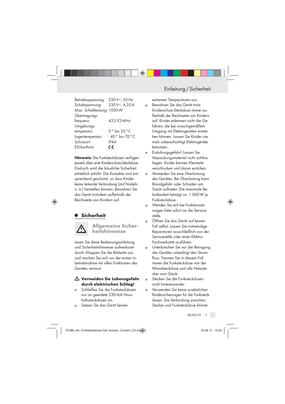 Einleitung / sicherheit, Sicherheit allgemeine sicher- heitshinweise | Silvercrest WIRELESS SOCKET SET User Manual | Page 7 / 45