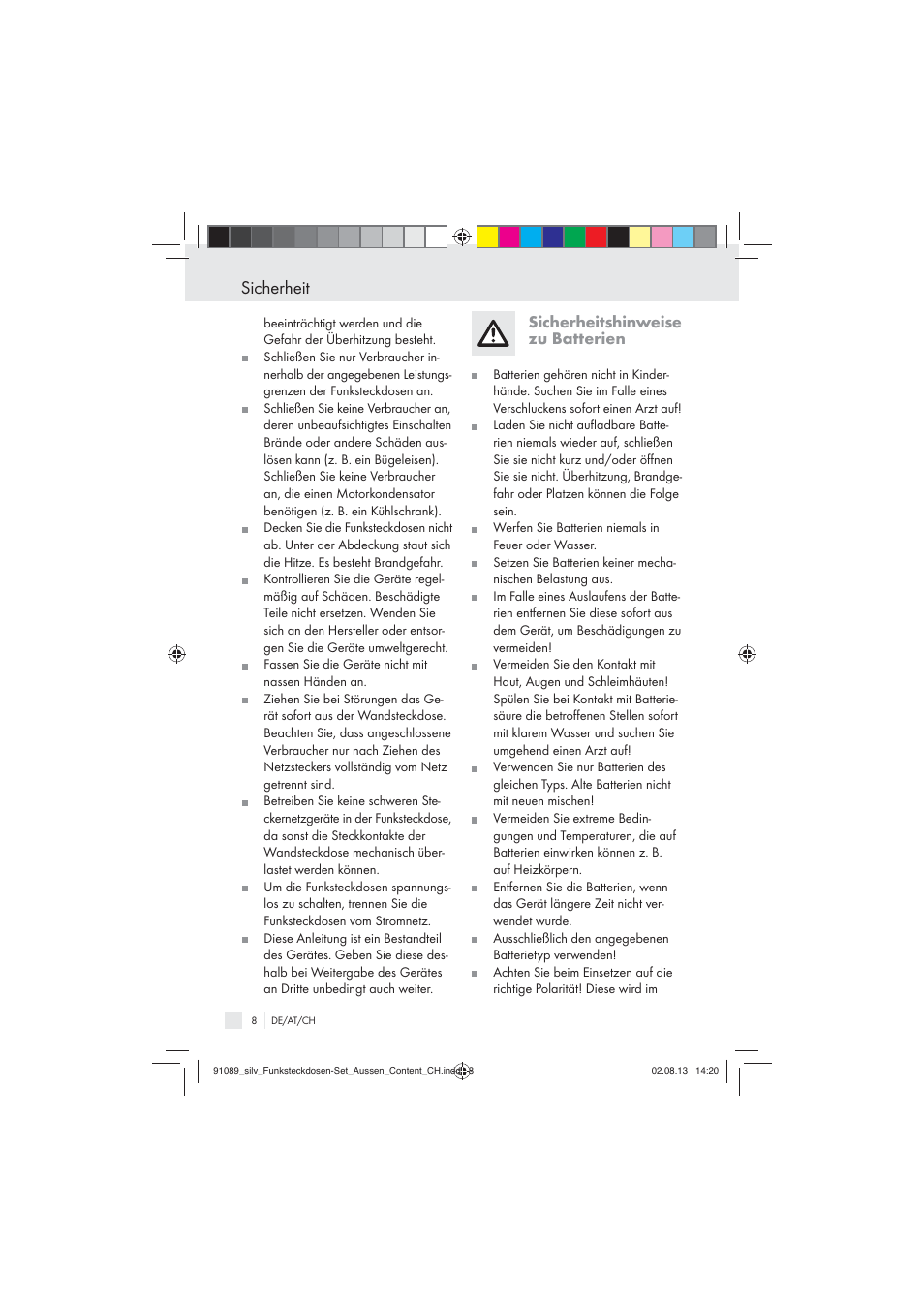 Sicherheit, Sicherheitshinweise zu batterien | Silvercrest WIRELESS SOCKET SET User Manual | Page 8 / 45