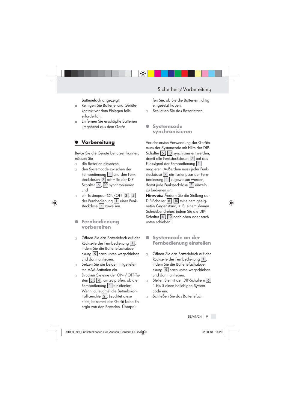 Sicherheit / vorbereitung, Vorbereitung, Fernbedienung vorbereiten | Systemcode synchronisieren, Systemcode an der fernbedienung einstellen | Silvercrest WIRELESS SOCKET SET User Manual | Page 9 / 45