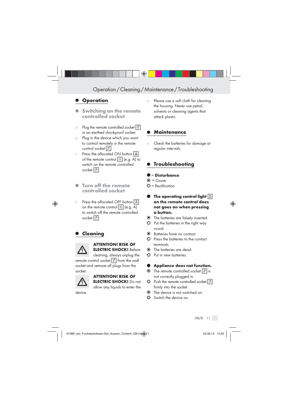 Turn oﬀ the remote controlled socket, Cleaning, Maintenance | Troubleshooting | Silvercrest WIRELESS SOCKET SET User Manual | Page 11 / 17