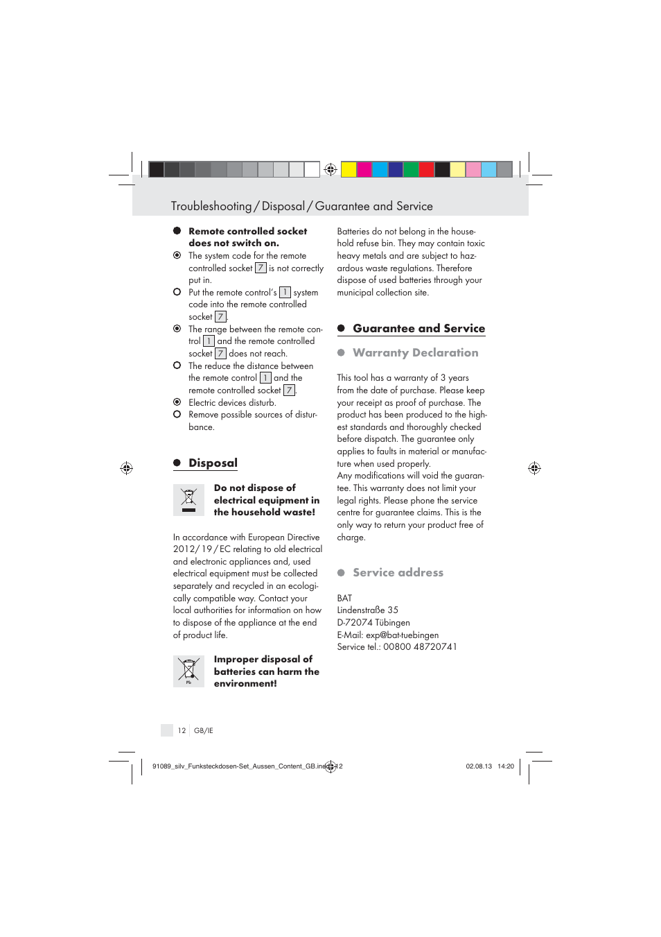 Troubleshooting / disposal / guarantee and service, Disposal, Guarantee and service warranty declaration | Service address | Silvercrest WIRELESS SOCKET SET User Manual | Page 12 / 17