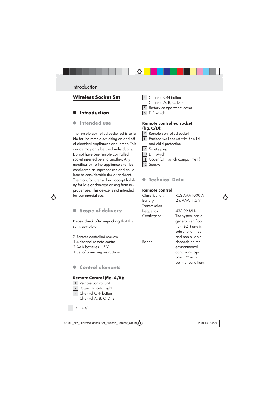 Introduction, Wireless socket set introduction intended use, Scope of delivery | Control elements, Technical data | Silvercrest WIRELESS SOCKET SET User Manual | Page 6 / 17