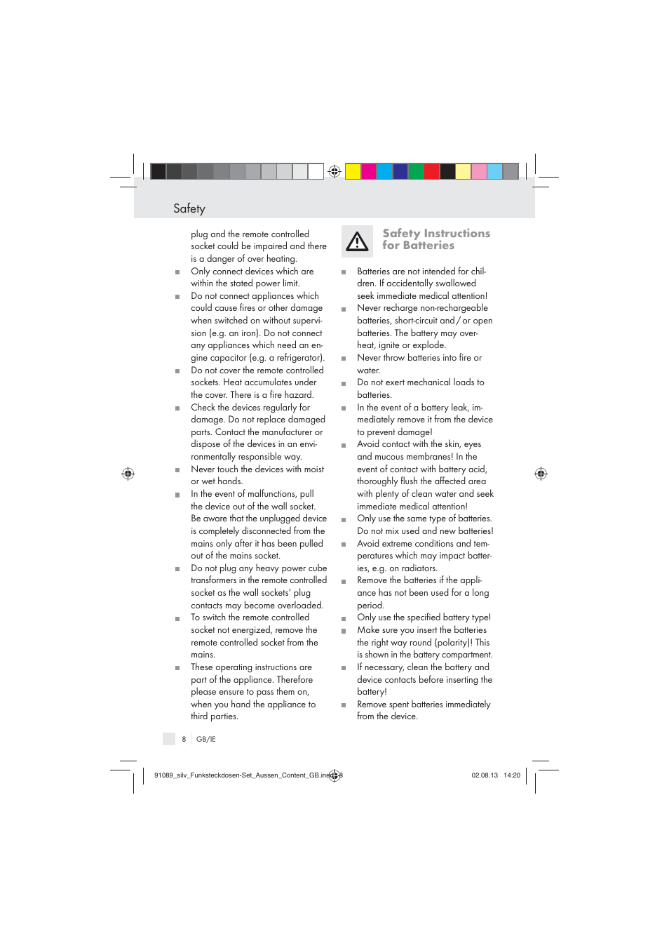 Safety, Safety instructions for batteries | Silvercrest WIRELESS SOCKET SET User Manual | Page 8 / 17
