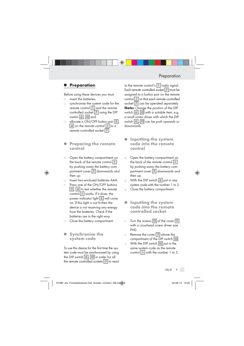 Preparation, Preparing the remote control, Synchronise the system code | Inputting the system code into the remote control | Silvercrest WIRELESS SOCKET SET User Manual | Page 9 / 17