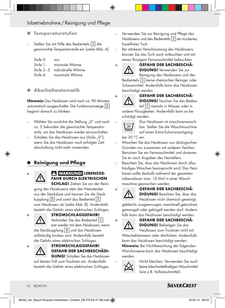 Inbetriebnahme / reinigung und pflege, Temperaturstufen, Abschaltautomatik | Reinigung und pflege | Silvercrest SHBR 100 B2 User Manual | Page 10 / 45