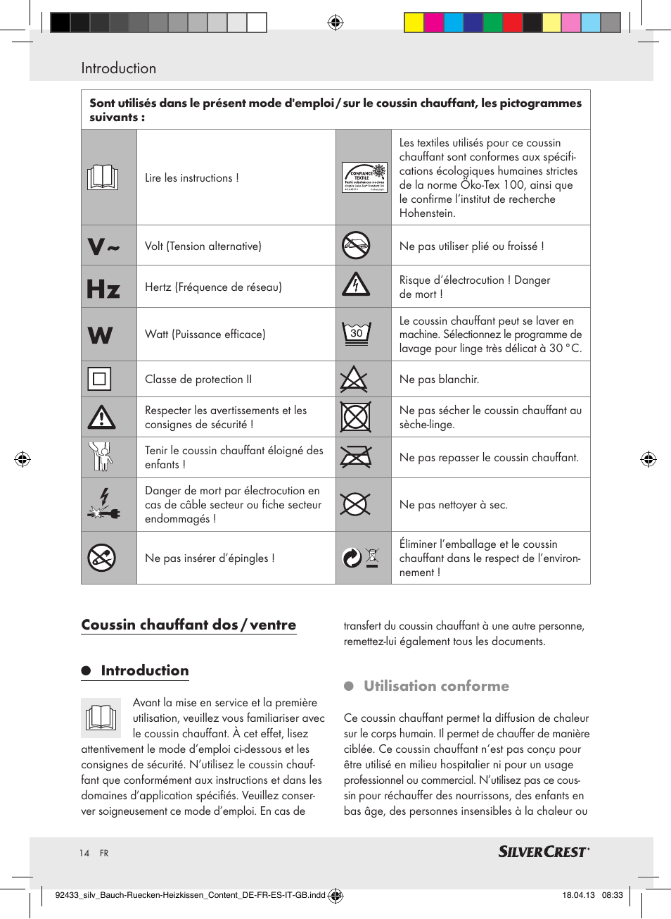 Introduction, Coussin chauffant dos / ventre introduction, Utilisation conforme | Silvercrest SHBR 100 B2 User Manual | Page 14 / 45
