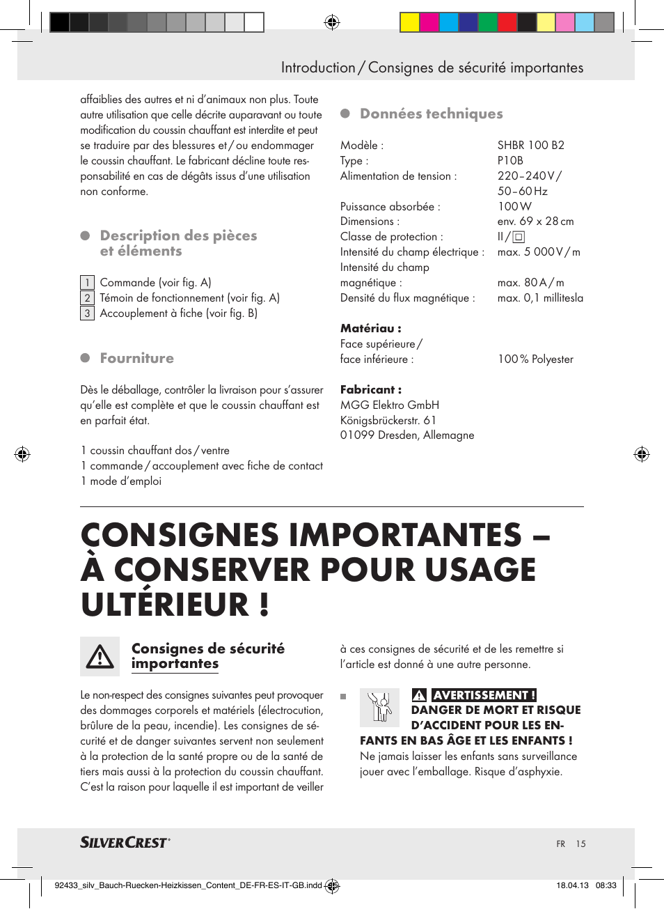 Introduction / consignes de sécurité importantes | Silvercrest SHBR 100 B2 User Manual | Page 15 / 45