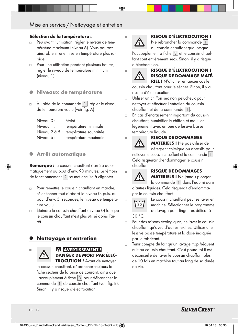 Mise en service / nettoyage et entretien, Niveaux de température, Arrêt automatique | Nettoyage et entretien | Silvercrest SHBR 100 B2 User Manual | Page 18 / 45