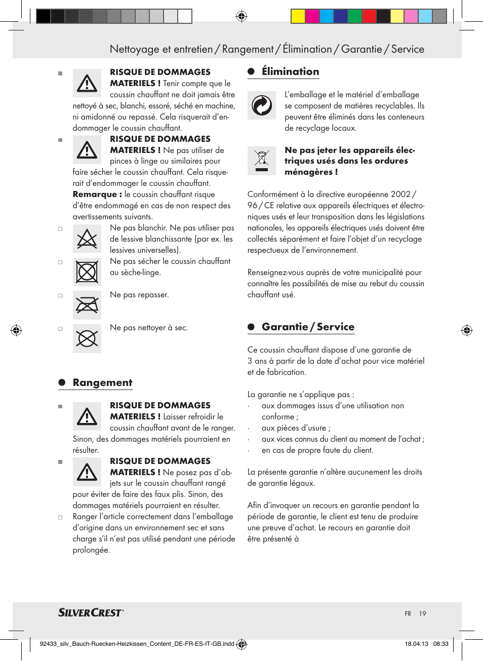 Rangement, Élimination, Garantie / service | Silvercrest SHBR 100 B2 User Manual | Page 19 / 45