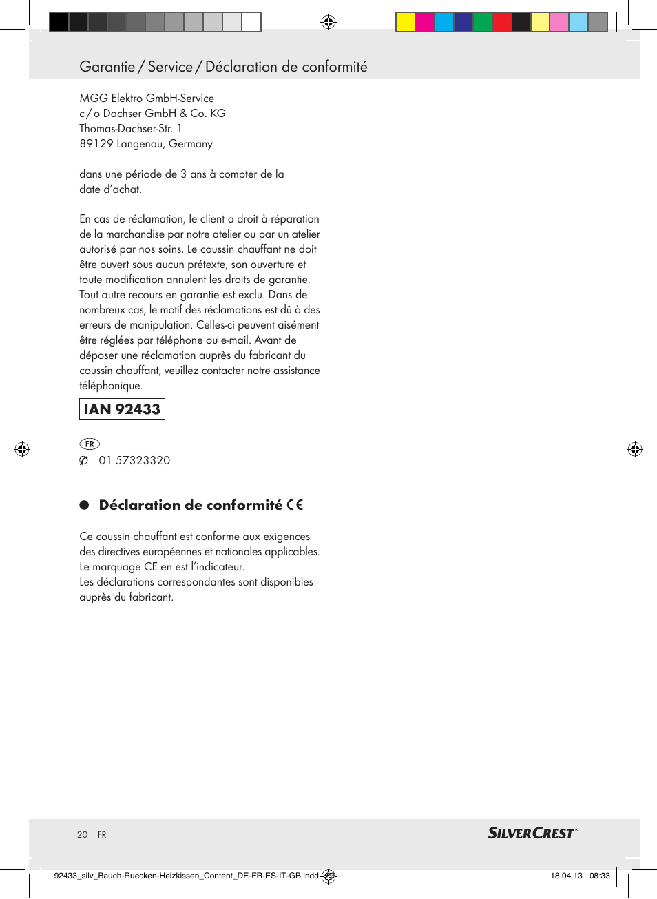 Garantie / service / déclaration de conformité, Déclaration de conformité | Silvercrest SHBR 100 B2 User Manual | Page 20 / 45