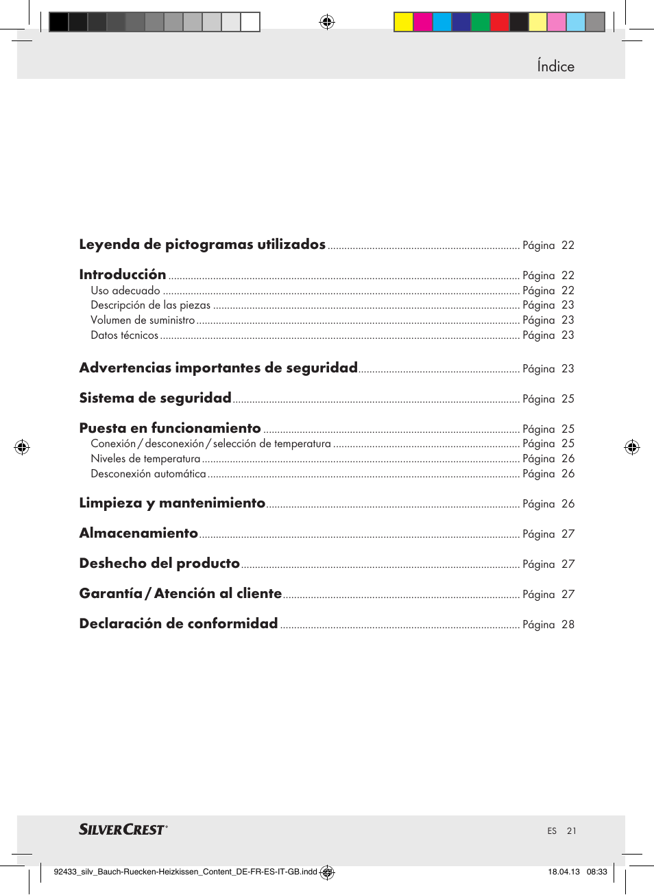 Índice, Leyenda de pictogramas utilizados, Introducción | Advertencias importantes de seguridad, Sistema de seguridad, Puesta en funcionamiento, Limpieza y mantenimiento, Almacenamiento, Deshecho del producto, Garantía / atención al cliente | Silvercrest SHBR 100 B2 User Manual | Page 21 / 45