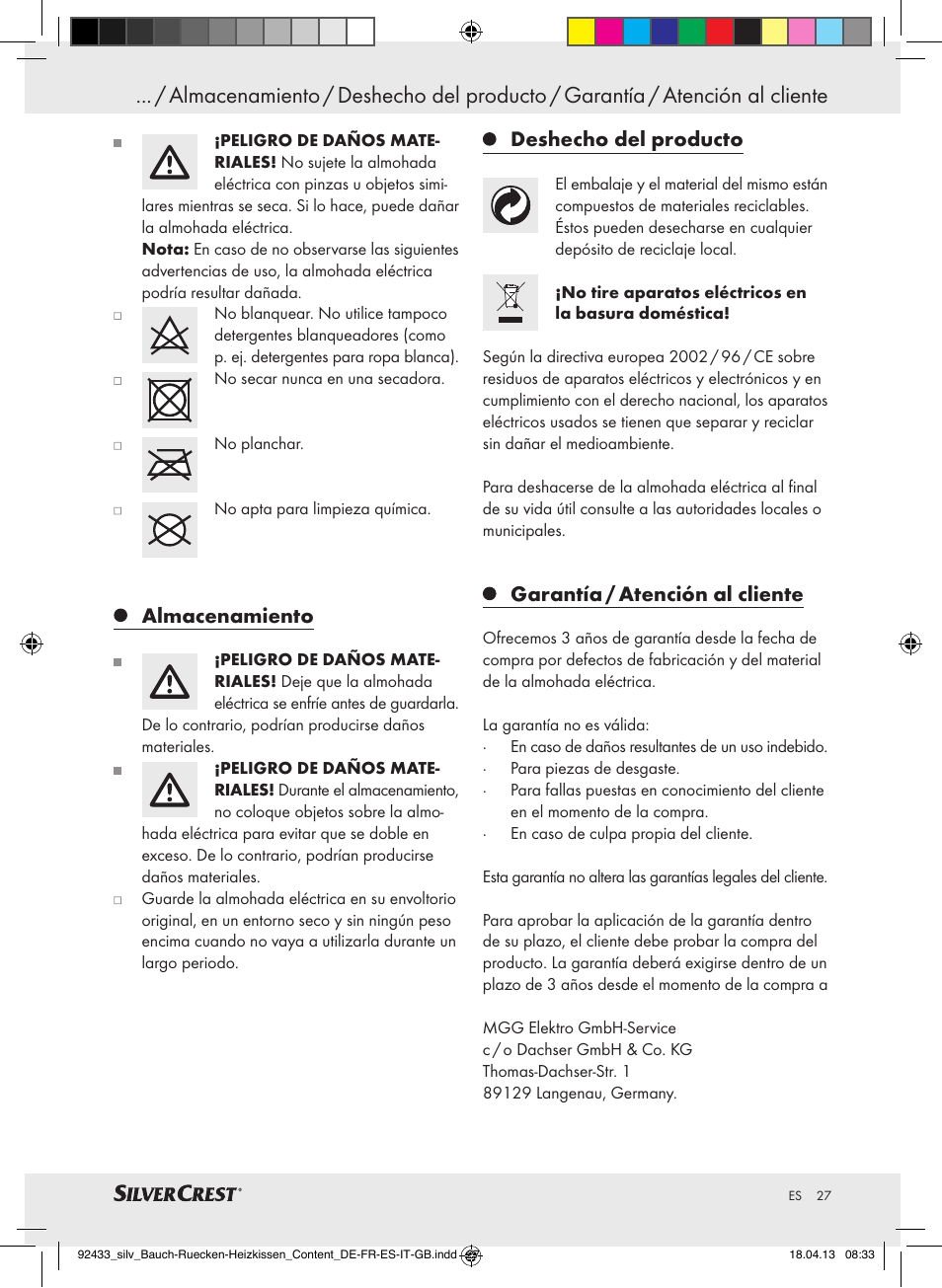 Almacenamiento, Deshecho del producto, Garantía / atención al cliente | Silvercrest SHBR 100 B2 User Manual | Page 27 / 45