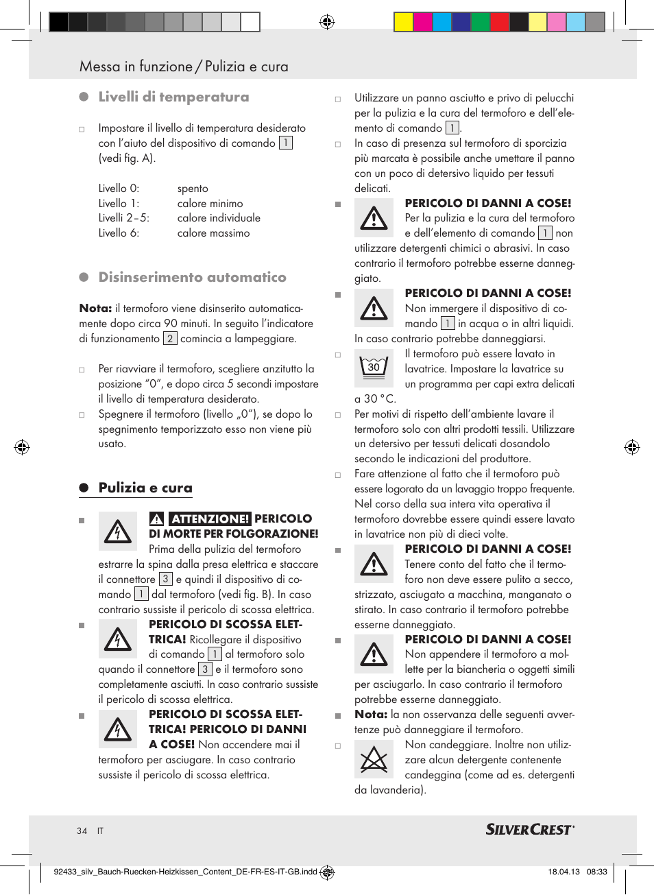 Messa in funzione / pulizia e cura, Livelli di temperatura, Disinserimento automatico | Pulizia e cura | Silvercrest SHBR 100 B2 User Manual | Page 34 / 45