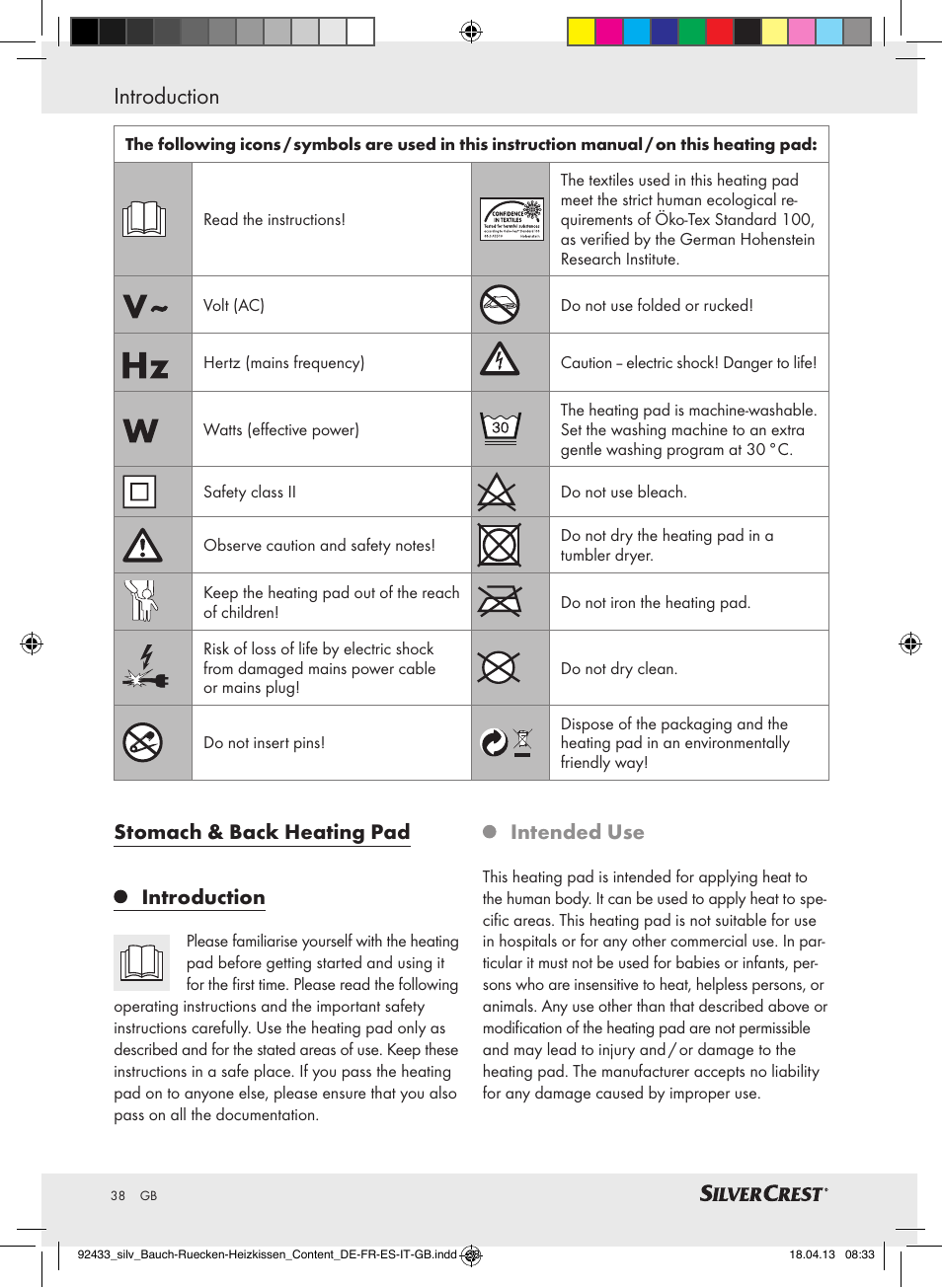 Introduction, Stomach & back heating pad introduction, Intended use | Silvercrest SHBR 100 B2 User Manual | Page 38 / 45