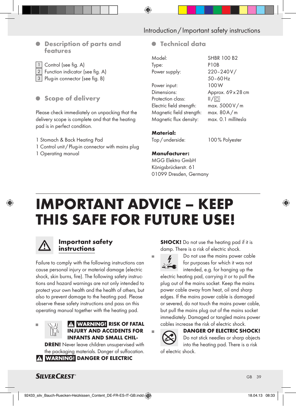 Important advice – keep this safe for future use, Introduction / important safety instructions, Description of parts and features | Scope of delivery, Technical data, Important safety instructions | Silvercrest SHBR 100 B2 User Manual | Page 39 / 45