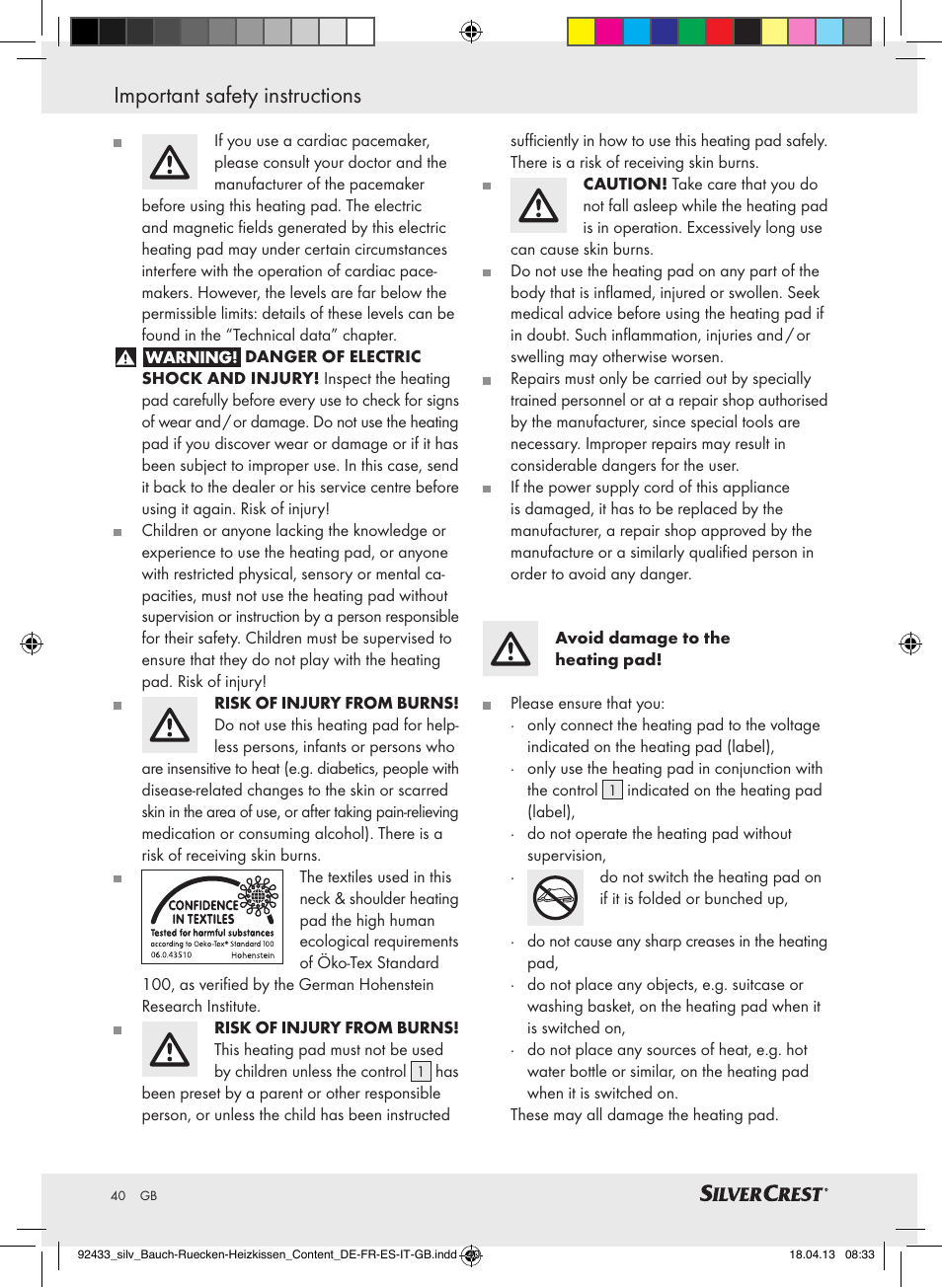 Important safety instructions | Silvercrest SHBR 100 B2 User Manual | Page 40 / 45