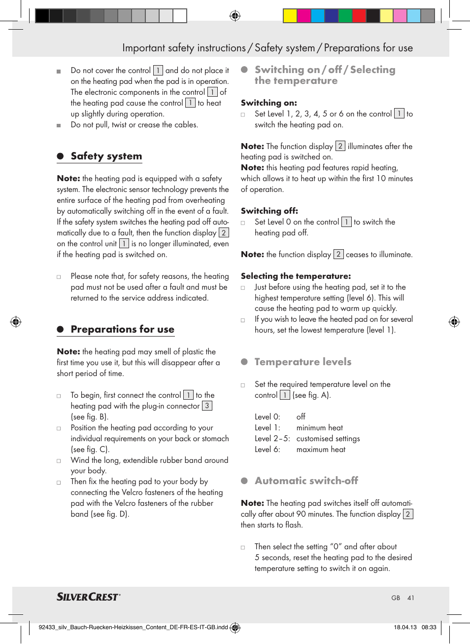 Safety system, Preparations for use, Switching on / off / selecting the temperature | Temperature levels, Automatic switch-off | Silvercrest SHBR 100 B2 User Manual | Page 41 / 45