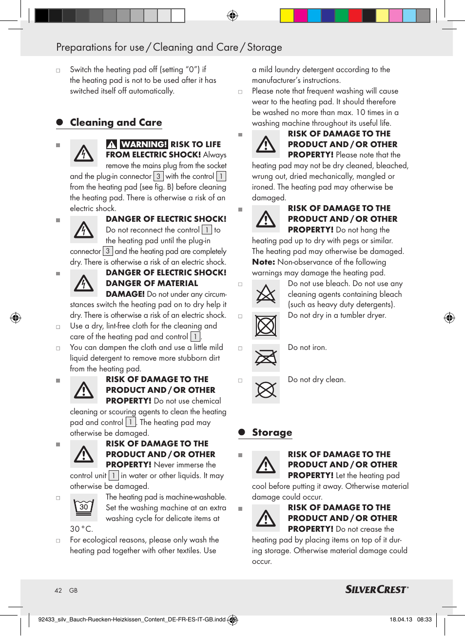 Preparations for use / cleaning and care / storage, Cleaning and care, Storage | Silvercrest SHBR 100 B2 User Manual | Page 42 / 45