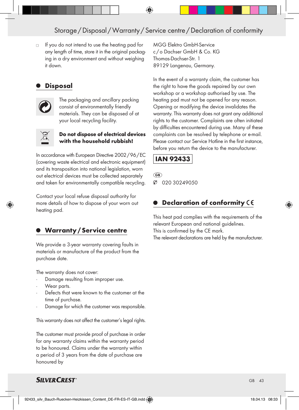 Disposal, Warranty / service centre, Declaration of conformity | Silvercrest SHBR 100 B2 User Manual | Page 43 / 45