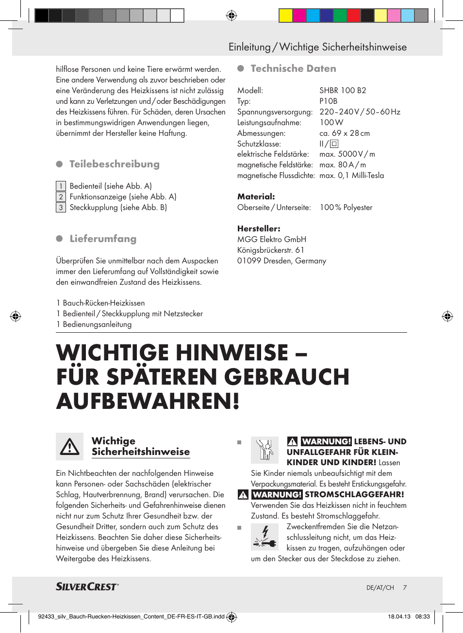 Einleitung / wichtige sicherheitshinweise | Silvercrest SHBR 100 B2 User Manual | Page 7 / 45