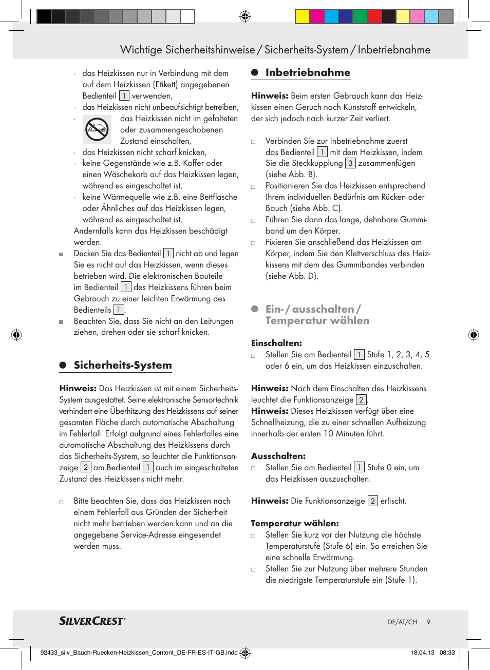 Sicherheits-system, Inbetriebnahme, Ein- / ausschalten / temperatur wählen | Silvercrest SHBR 100 B2 User Manual | Page 9 / 45