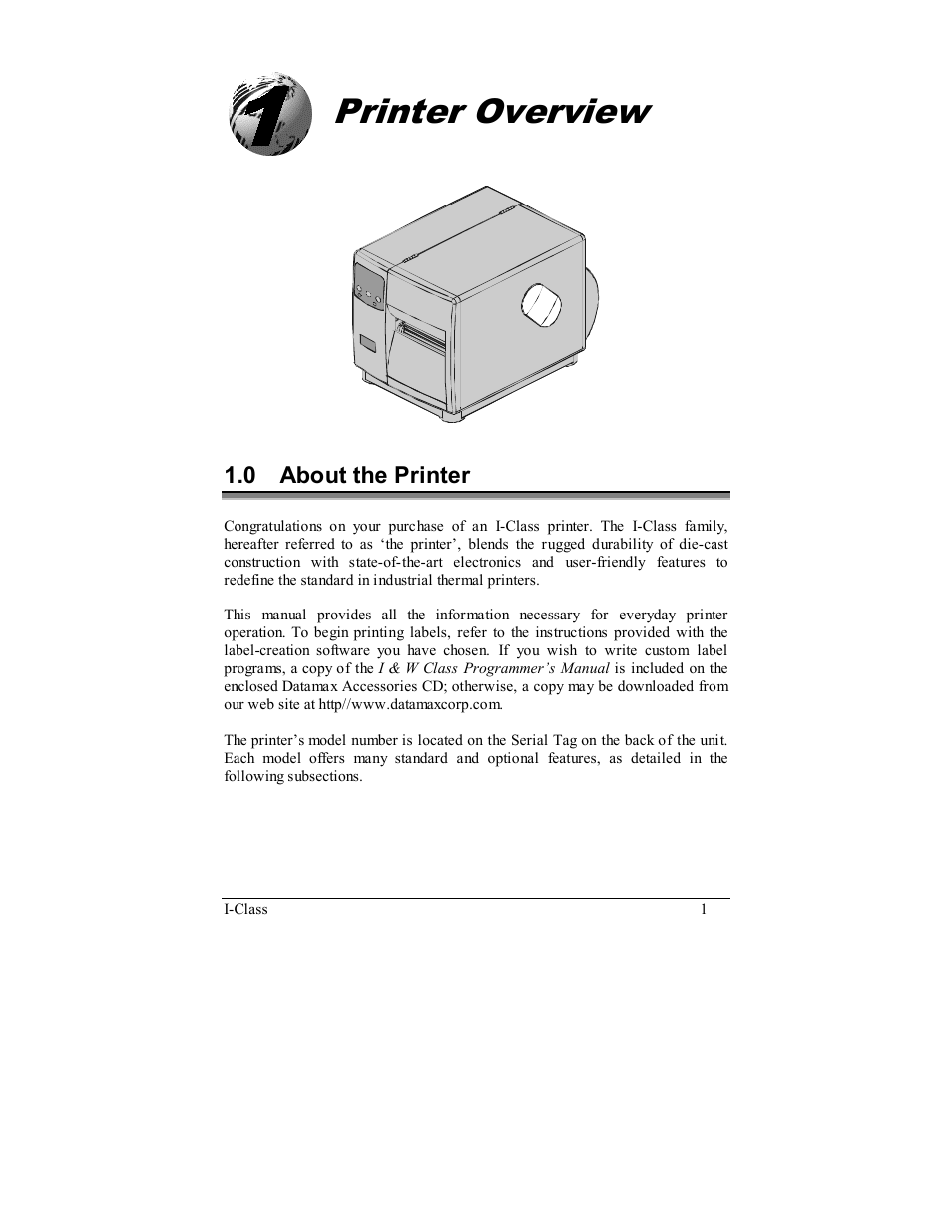 Printer overview, 0 about the printer | Datamax I-4208 User Manual | Page 11 / 146
