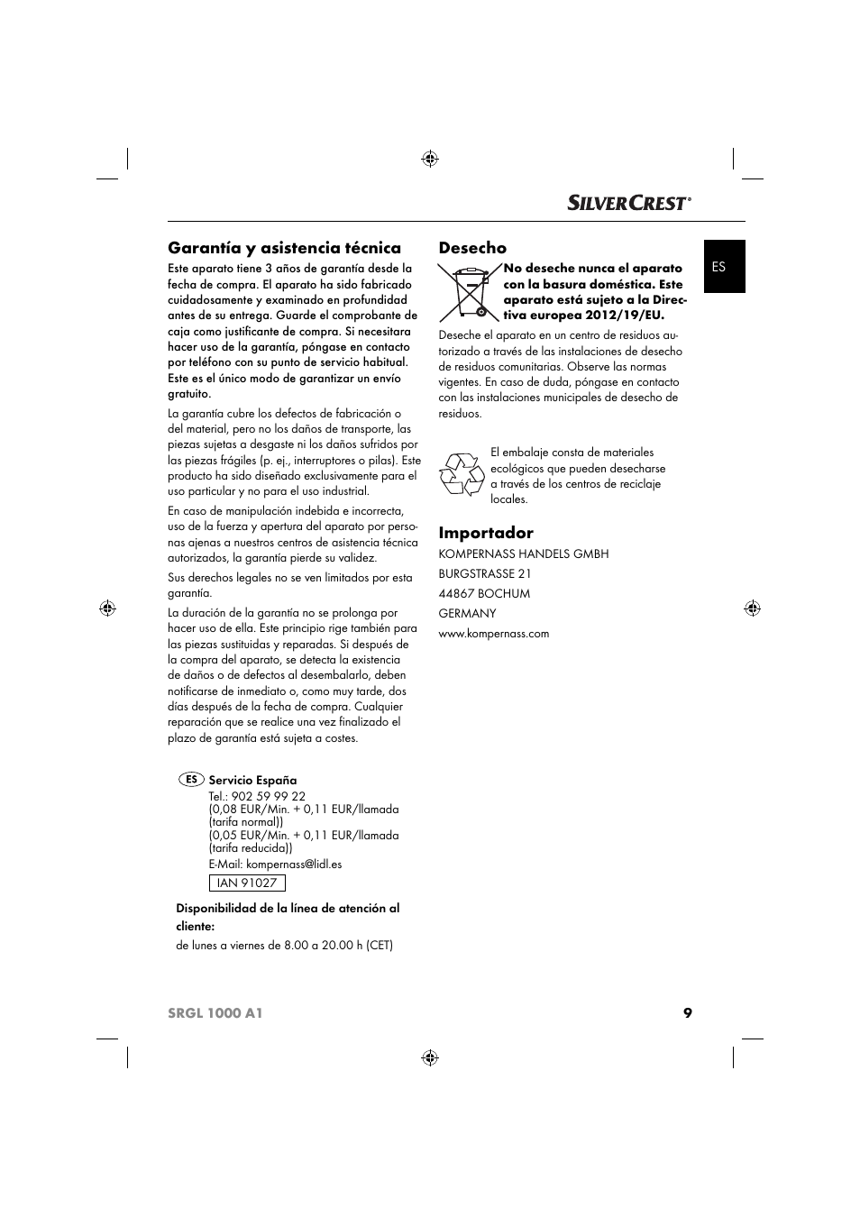Garantía y asistencia técnica, Desecho, Importador | Silvercrest SRGL 1000 A1 User Manual | Page 12 / 53