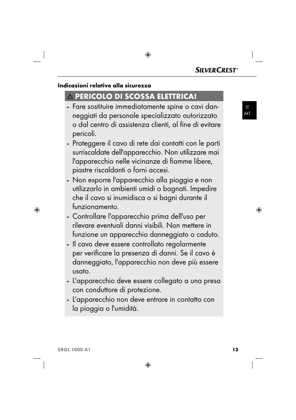 Pericolo di scossa elettrica | Silvercrest SRGL 1000 A1 User Manual | Page 16 / 53
