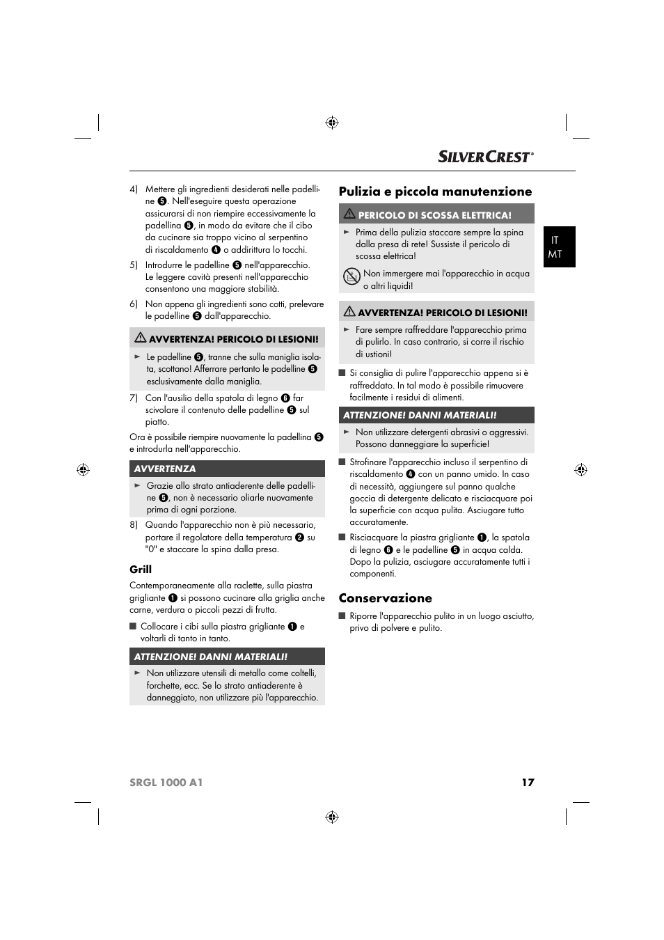 Pulizia e piccola manutenzione, Conservazione | Silvercrest SRGL 1000 A1 User Manual | Page 20 / 53