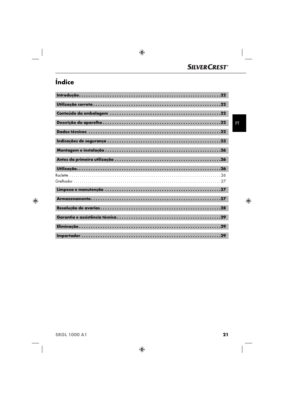 Índice | Silvercrest SRGL 1000 A1 User Manual | Page 24 / 53