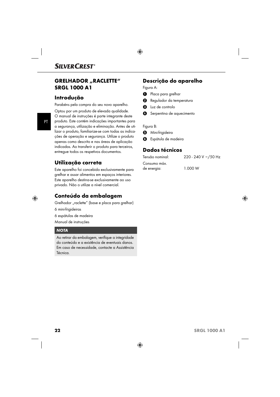 Utilização correta, Conteúdo da embalagem, Descrição do aparelho | Dados técnicos | Silvercrest SRGL 1000 A1 User Manual | Page 25 / 53