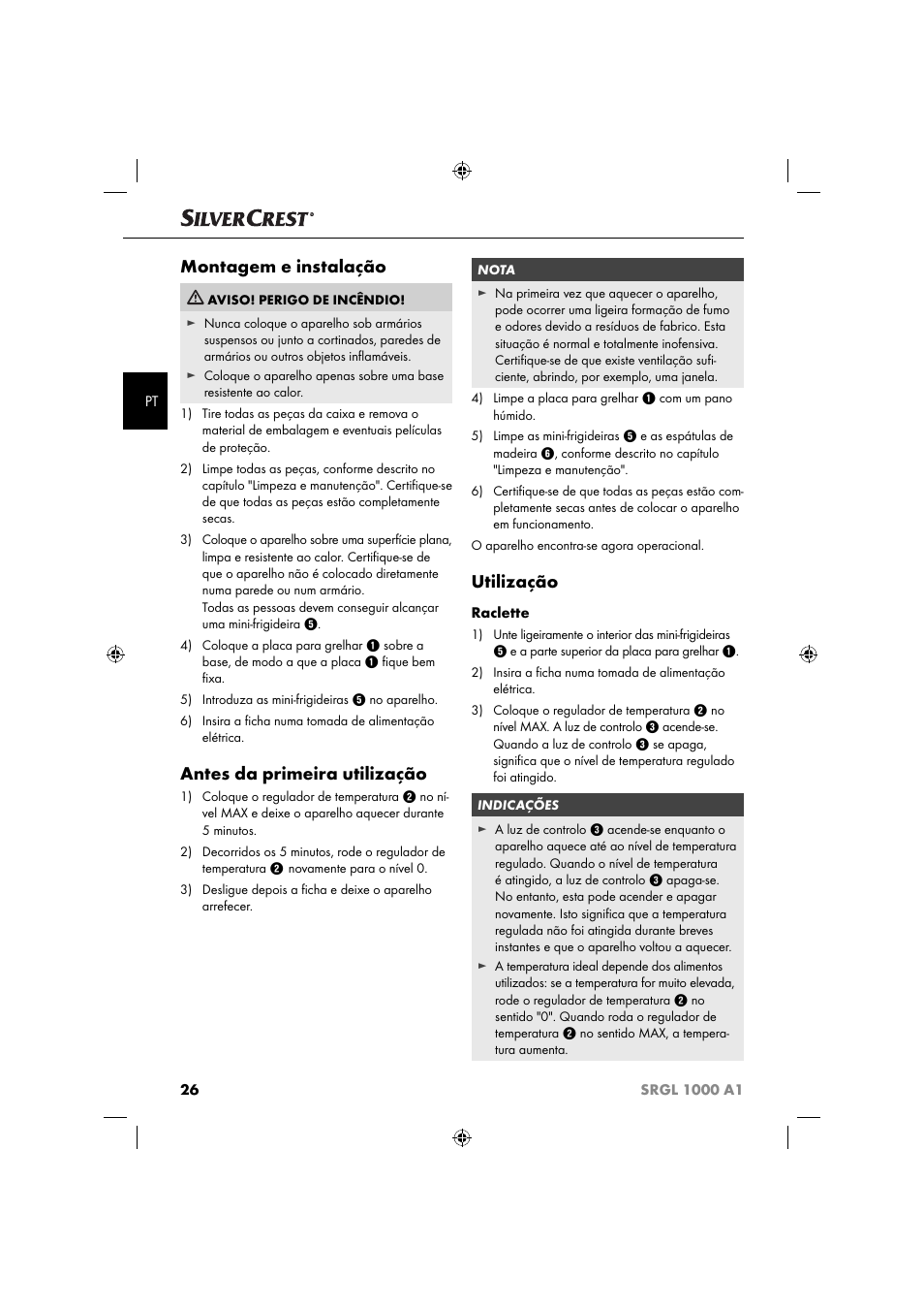 Montagem e instalação, Antes da primeira utilização, Utilização | Silvercrest SRGL 1000 A1 User Manual | Page 29 / 53
