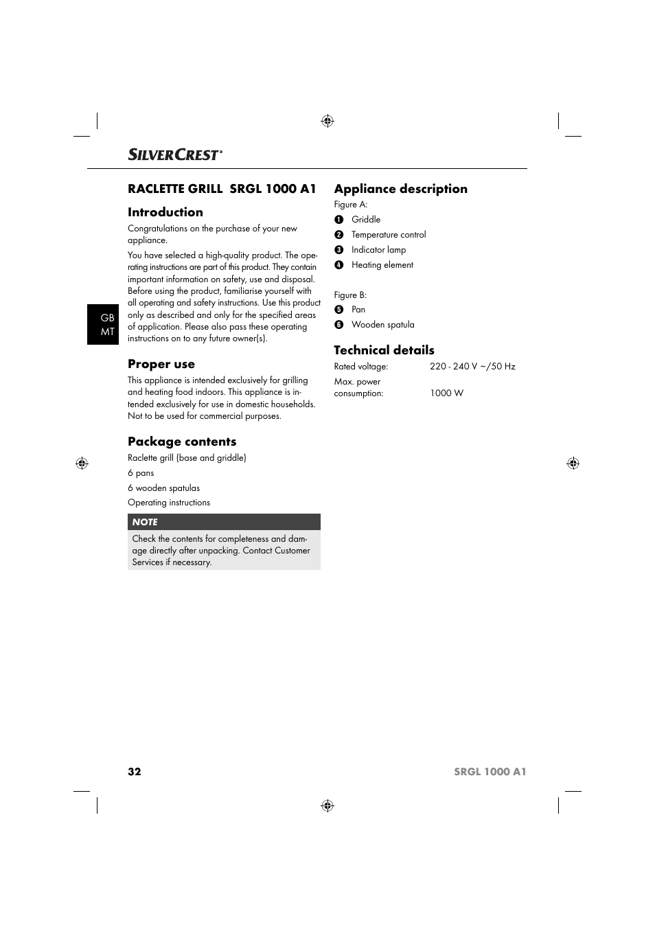 Proper use, Package contents, Appliance description | Technical details | Silvercrest SRGL 1000 A1 User Manual | Page 35 / 53