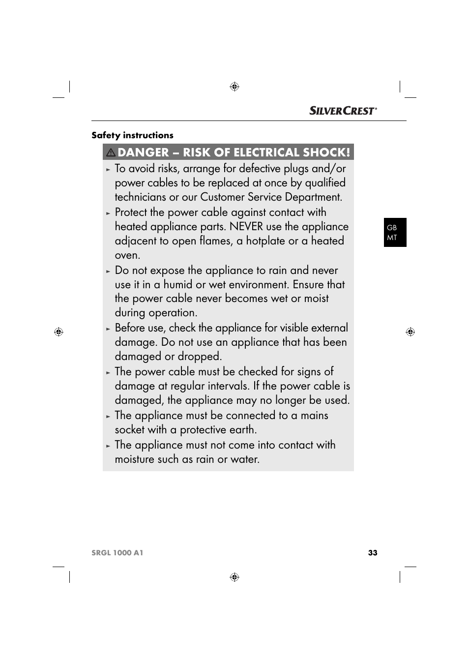 Danger – risk of electrical shock | Silvercrest SRGL 1000 A1 User Manual | Page 36 / 53