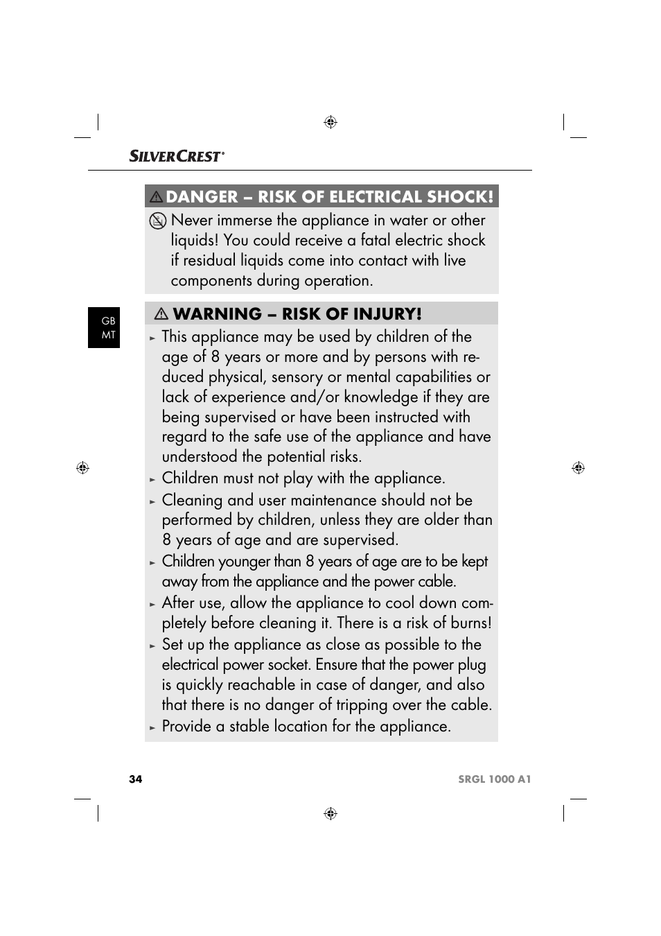 Children must not play with the appliance, Provide a stable location for the appliance | Silvercrest SRGL 1000 A1 User Manual | Page 37 / 53