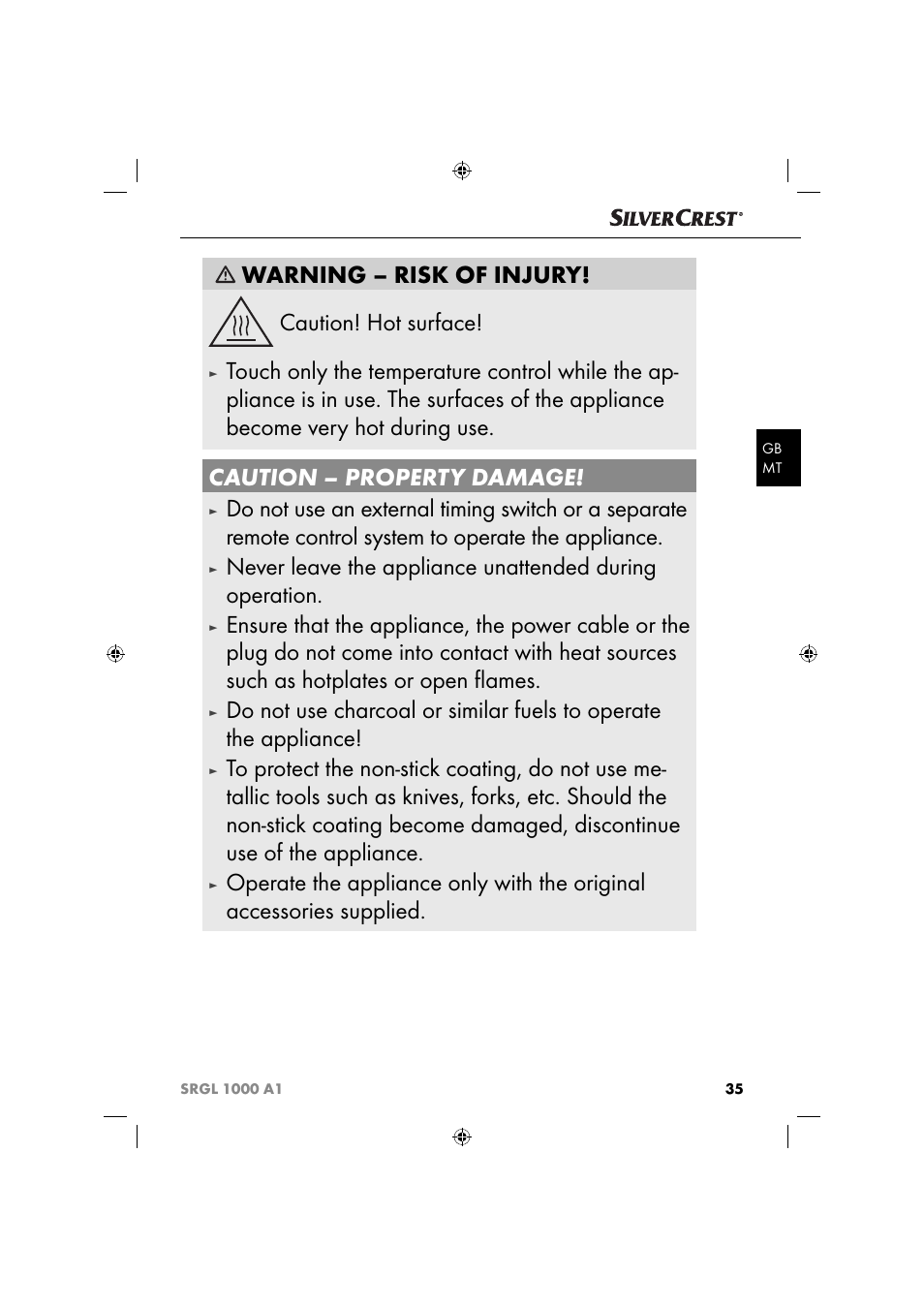 Warning – risk of injury! caution! hot surface | Silvercrest SRGL 1000 A1 User Manual | Page 38 / 53