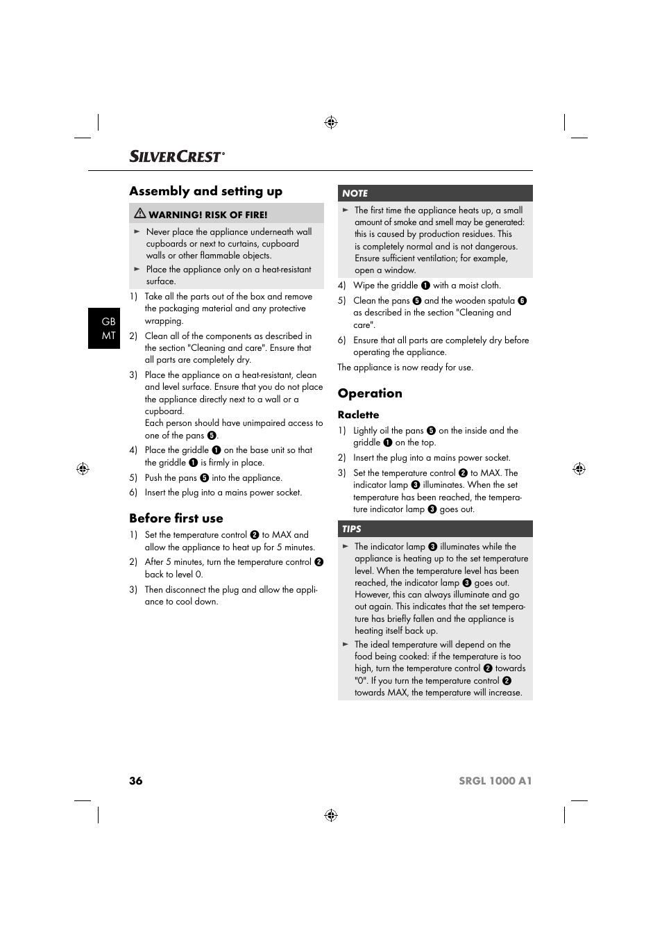 Assembly and setting up, Before ﬁ rst use, Operation | Silvercrest SRGL 1000 A1 User Manual | Page 39 / 53