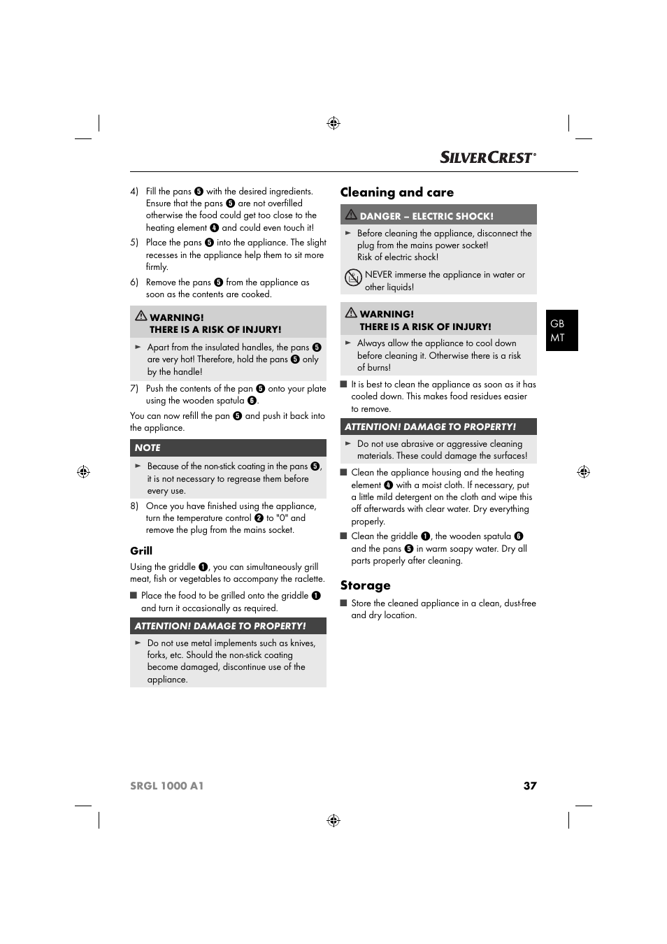 Cleaning and care, Storage | Silvercrest SRGL 1000 A1 User Manual | Page 40 / 53