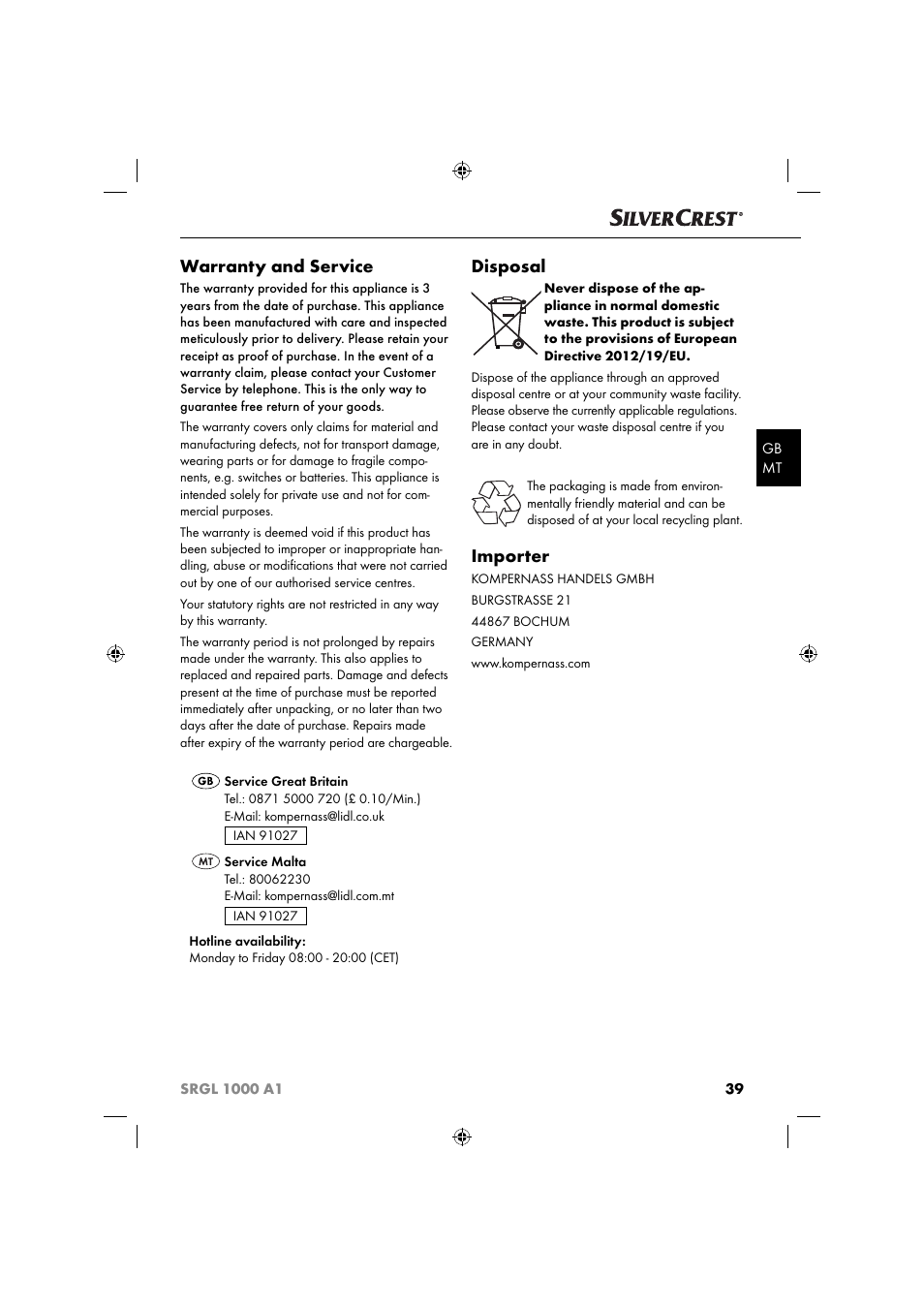 Warranty and service, Disposal, Importer | Silvercrest SRGL 1000 A1 User Manual | Page 42 / 53