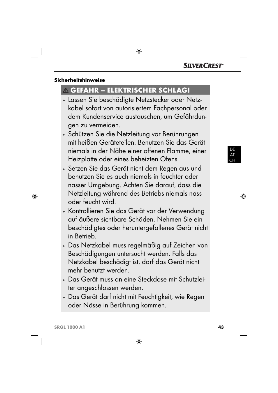 Gefahr – elektrischer schlag | Silvercrest SRGL 1000 A1 User Manual | Page 46 / 53